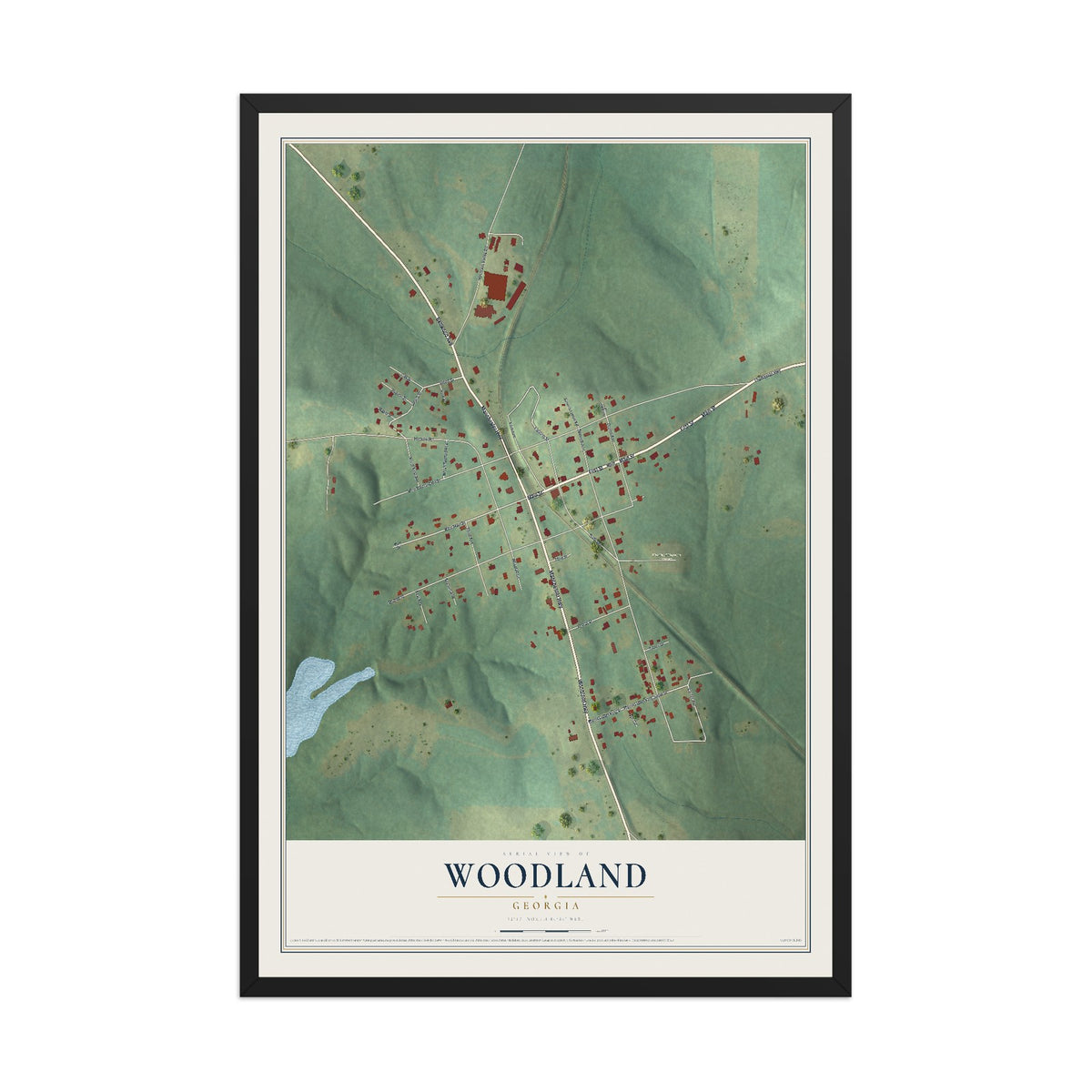 Woodland, Georgia map print, 12" x 18" W/ Black Ayous Wood Frame mockup