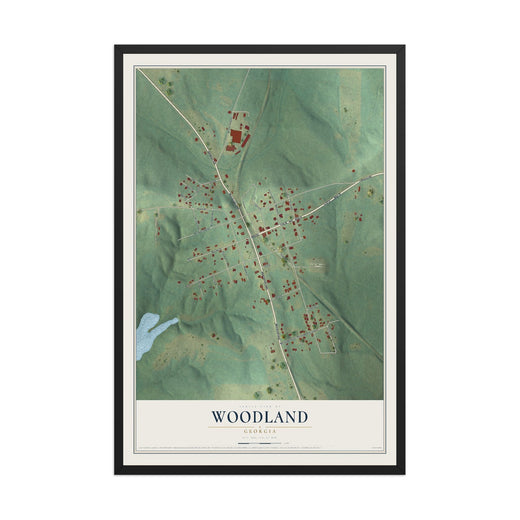Map of Woodland, Georgia, 12 x 18 inch print in a black wood frame