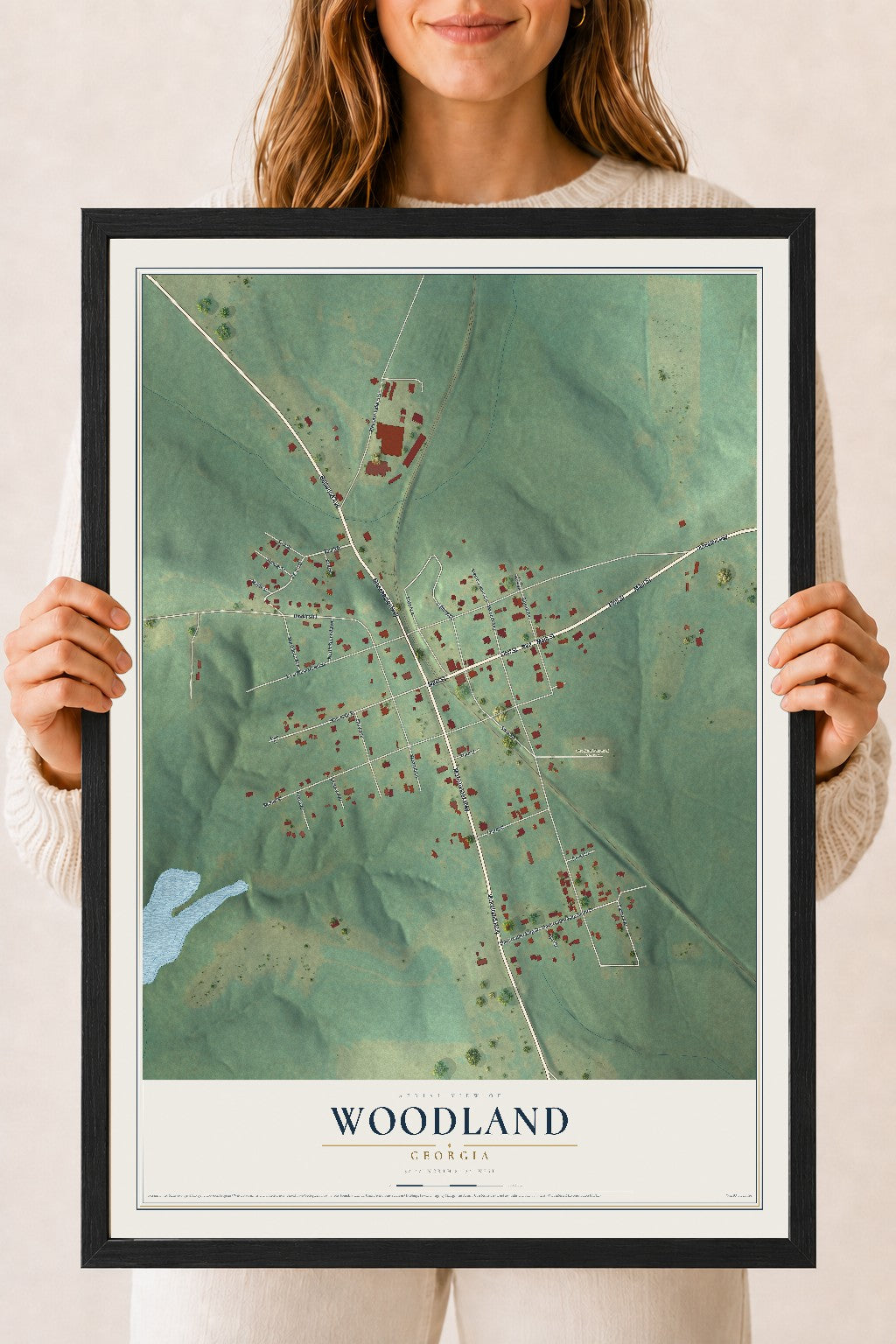 Woodland, Georgia map print, 18" x 24" W/ Black Ayous Wood Frame mockup
