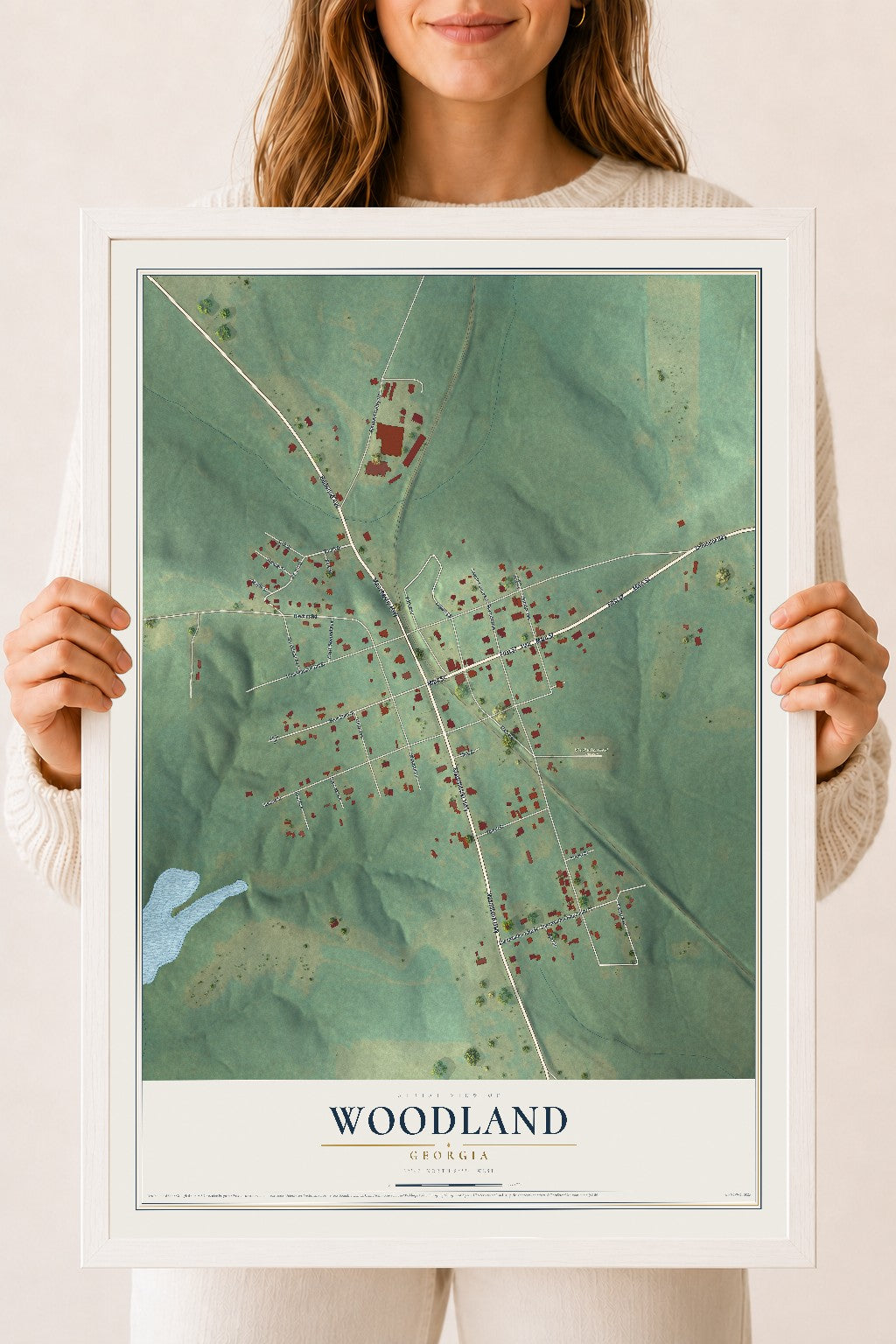 Woodland, Georgia map print, 18" x 24" W/ White Ayous Wood Frame mockup