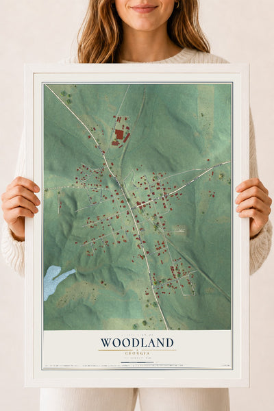 Woodland, Georgia map print, 18" x 24" W/ White Ayous Wood Frame mockup