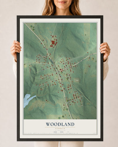 Woodland, Georgia map print, 24" x 36" W/ Black Ayous Wood Frame mockup
