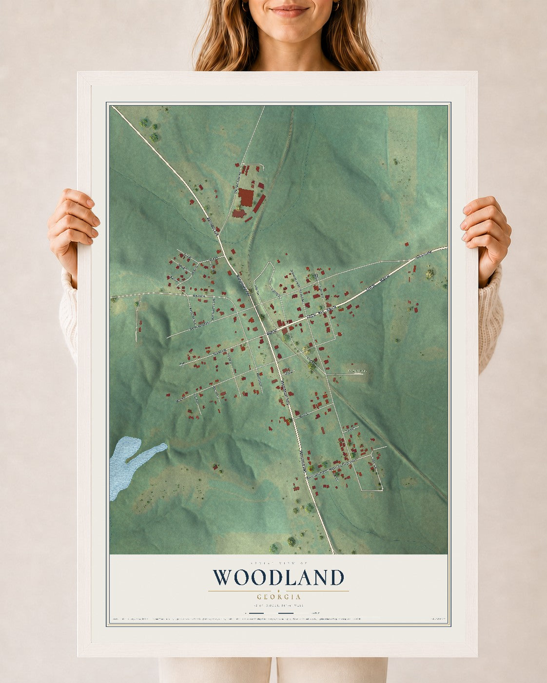 Woodland, Georgia map print, 24" x 36" W/ White Ayous Wood Frame mockup