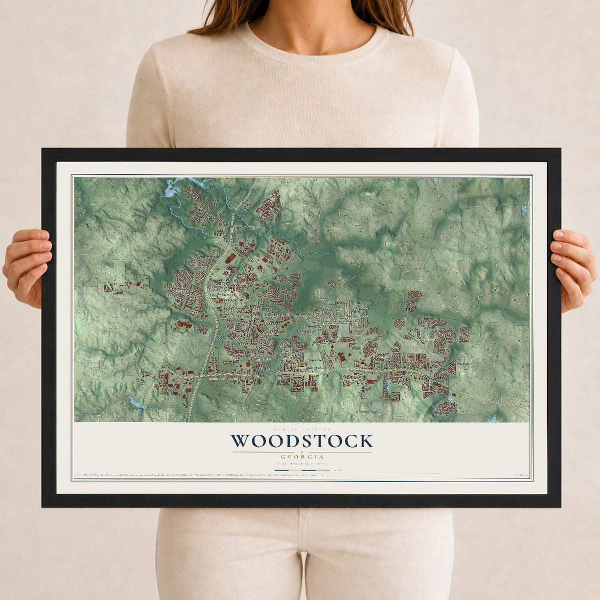 Woodstock, Georgia map print, 12" x 18" W/ Black Ayous Wood Frame mockup