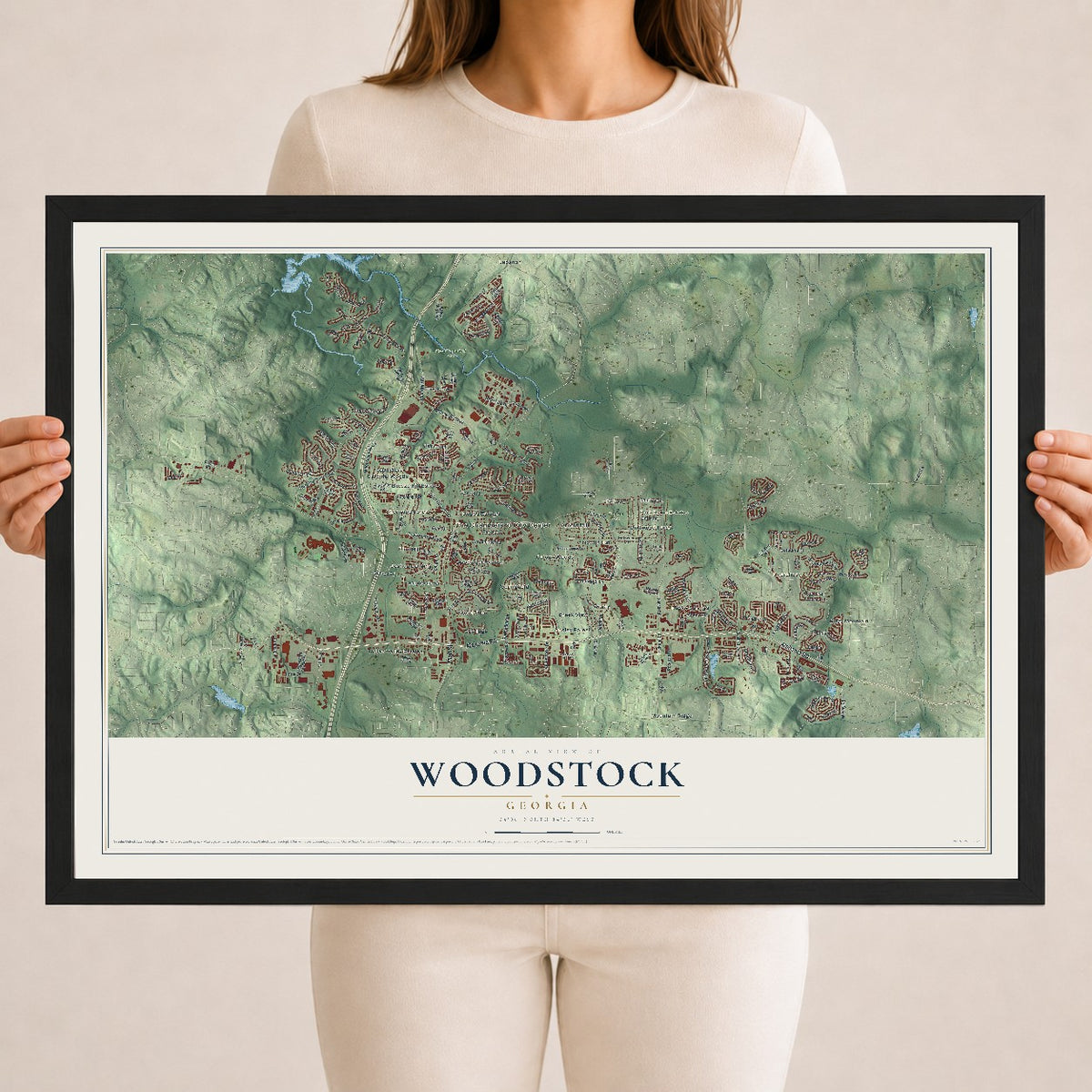 Woodstock, Georgia map print, 18" x 24" W/ Black Ayous Wood Frame mockup