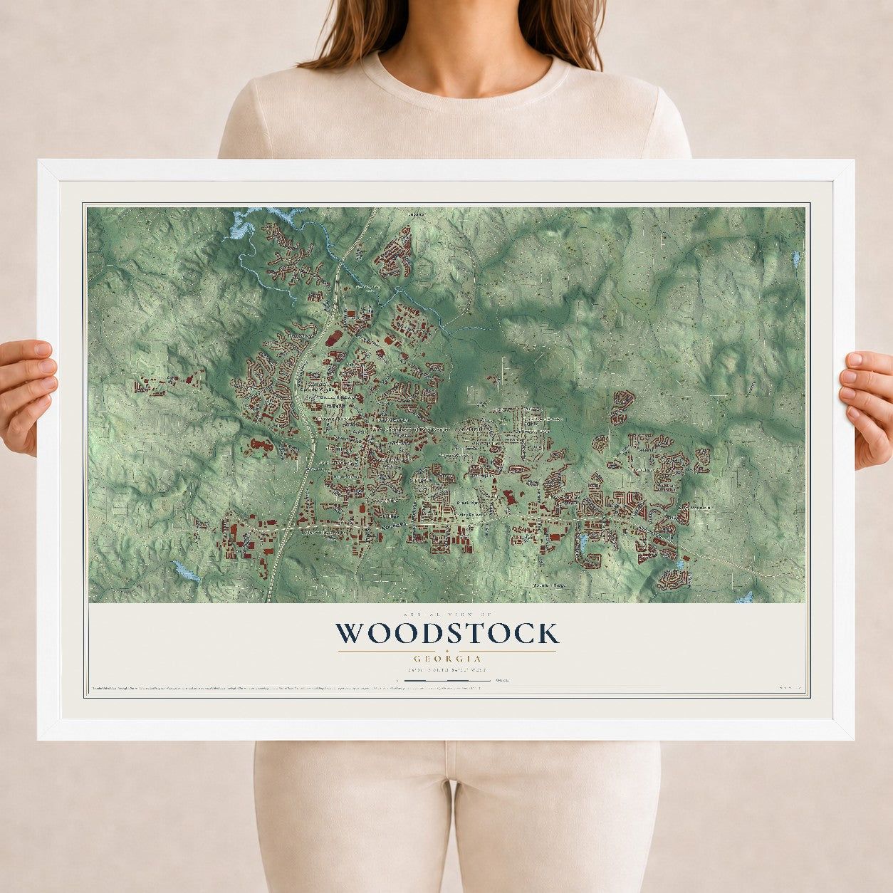 Woodstock, Georgia map print, 18" x 24" W/ White Ayous Wood Frame mockup
