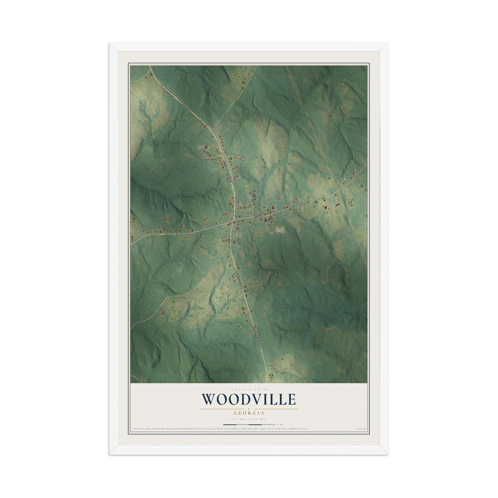 Woodville, Georgia map print, 12" x 18" W/ White Ayous Wood Frame mockup