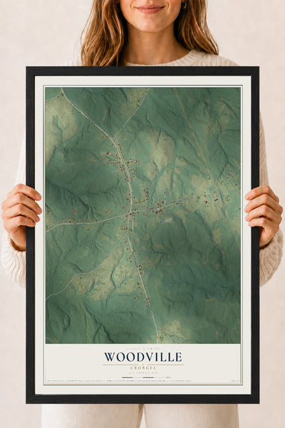 Woodville, Georgia map print, 18" x 24" W/ Black Ayous Wood Frame mockup