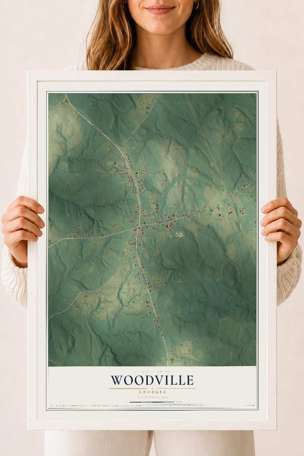 Woodville, Georgia map print, 18" x 24" W/ White Ayous Wood Frame mockup