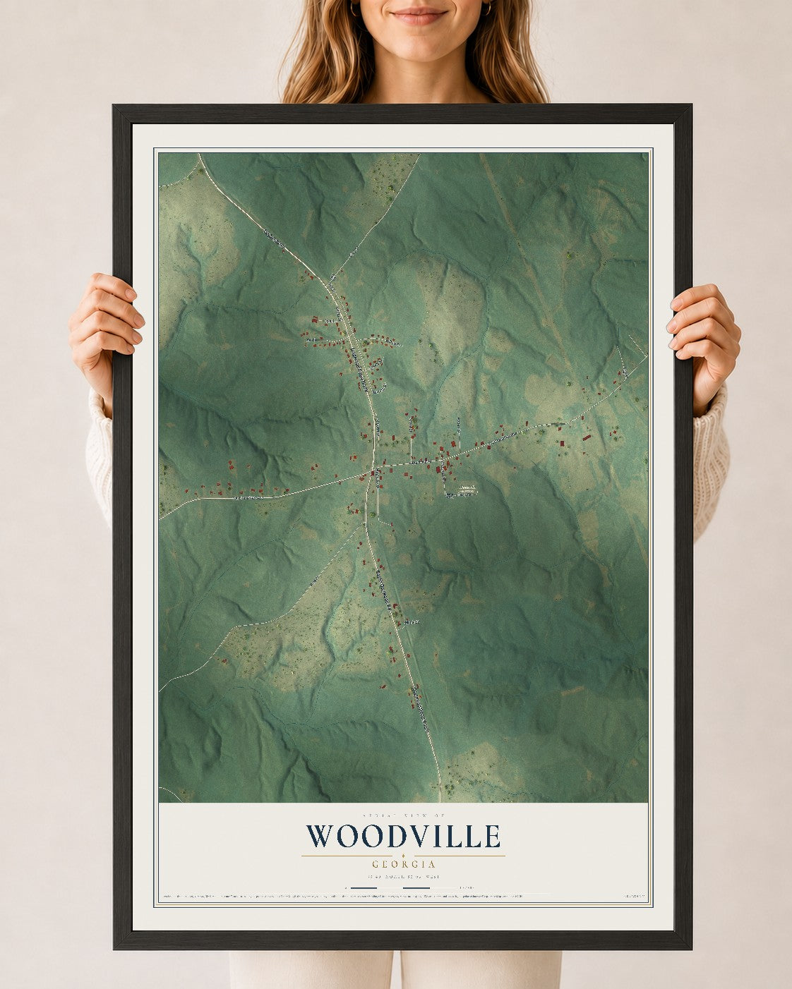 Woodville, Georgia map print, 24" x 36" W/ Black Ayous Wood Frame mockup