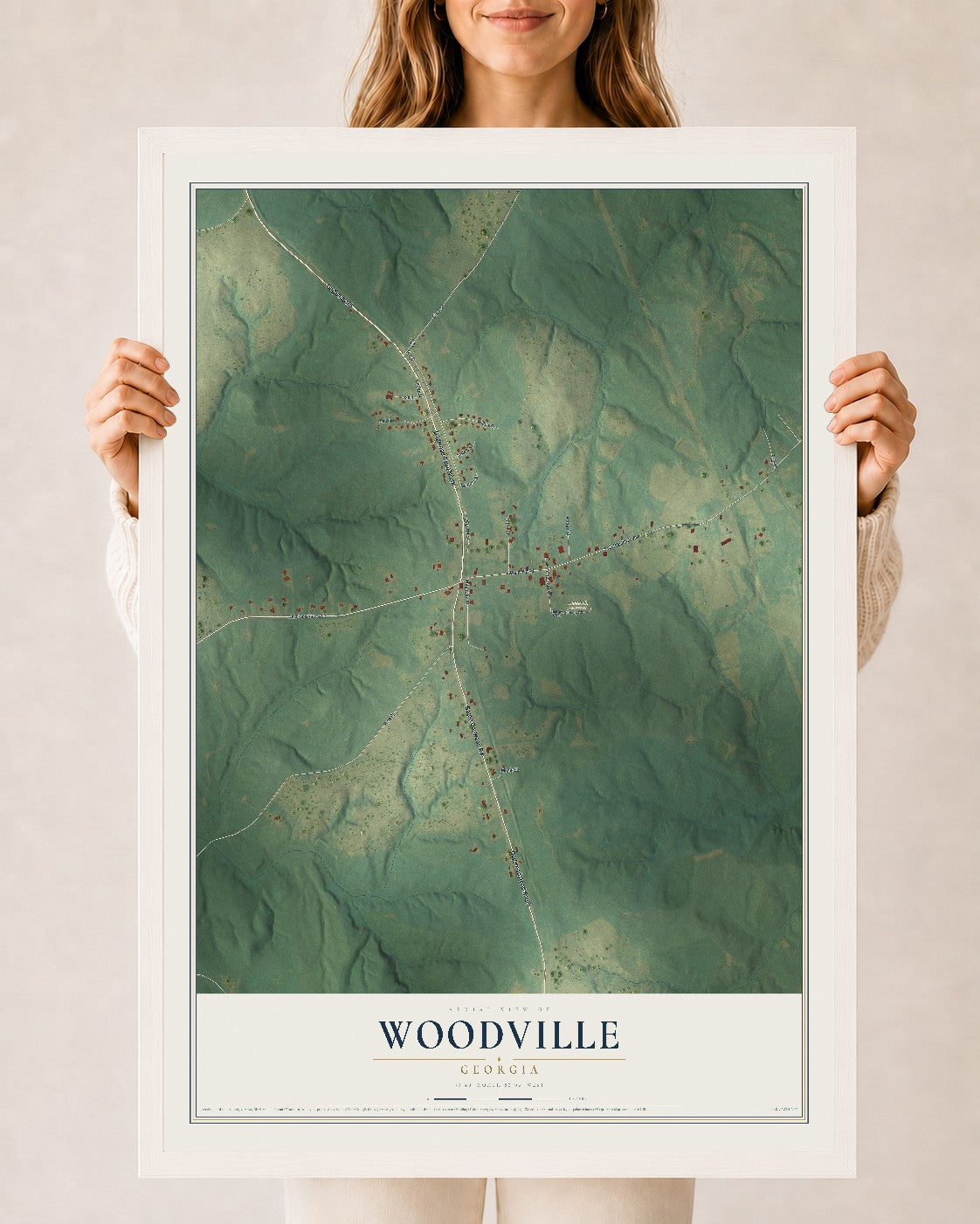 Woodville, Georgia map print, 24" x 36" W/ White Ayous Wood Frame mockup