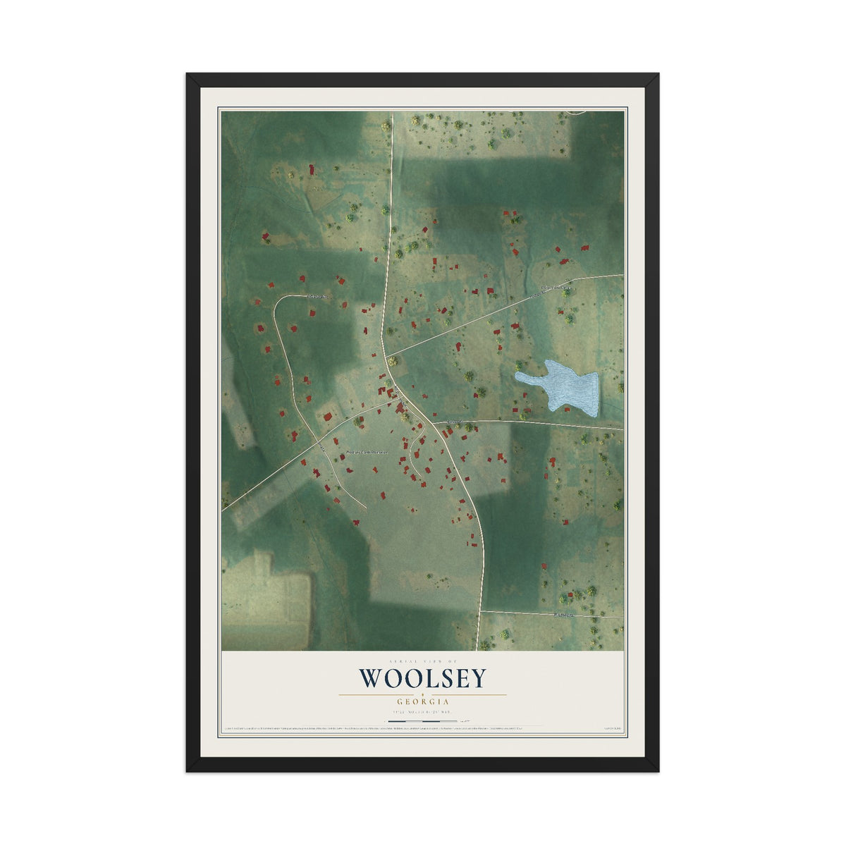 Woolsey, Georgia map print, 12" x 18" W/ Black Ayous Wood Frame mockup