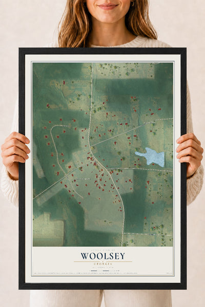 Woolsey, Georgia map print, 18" x 24" W/ Black Ayous Wood Frame mockup