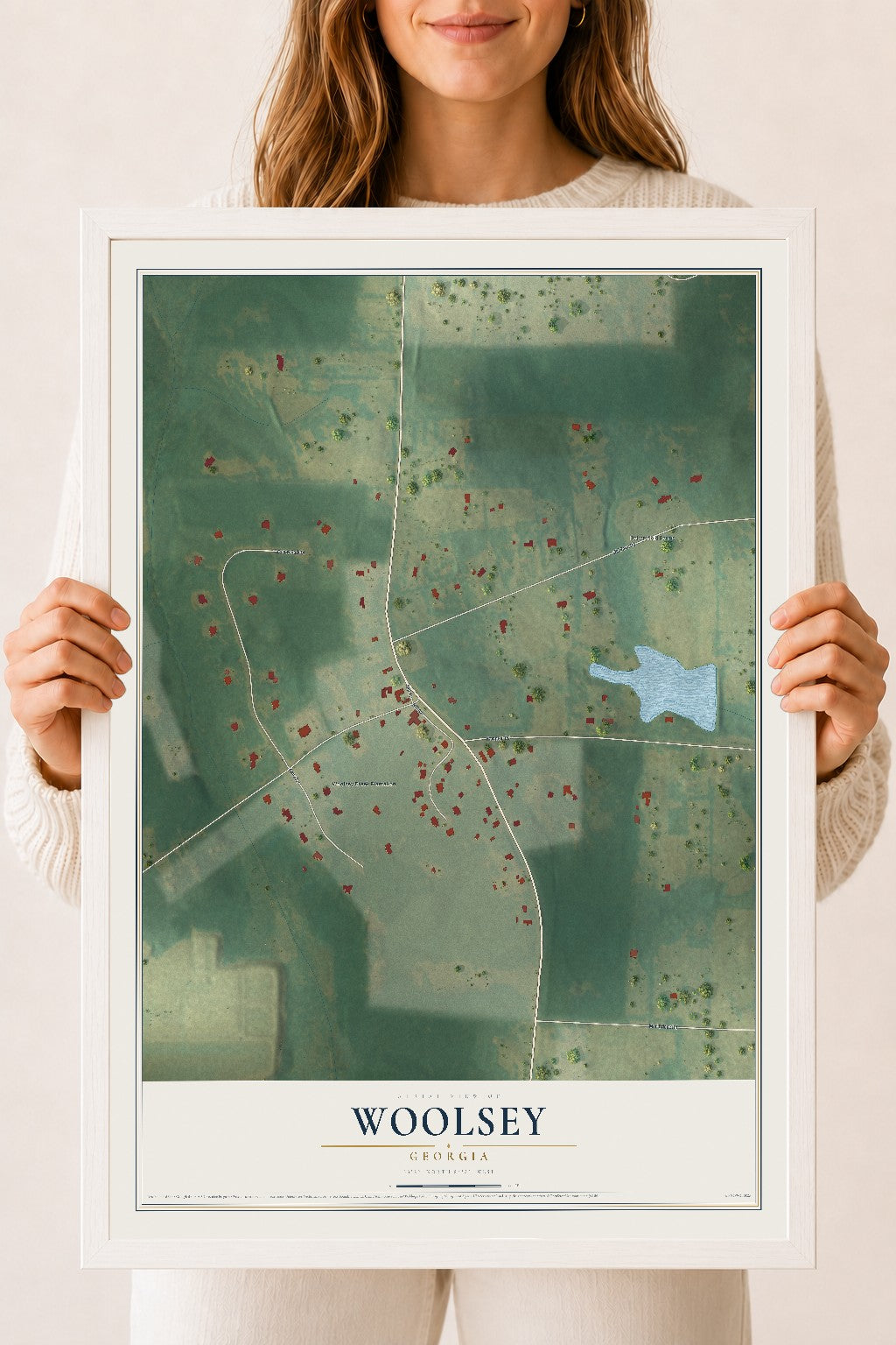 Woolsey, Georgia map print, 18" x 24" W/ White Ayous Wood Frame mockup