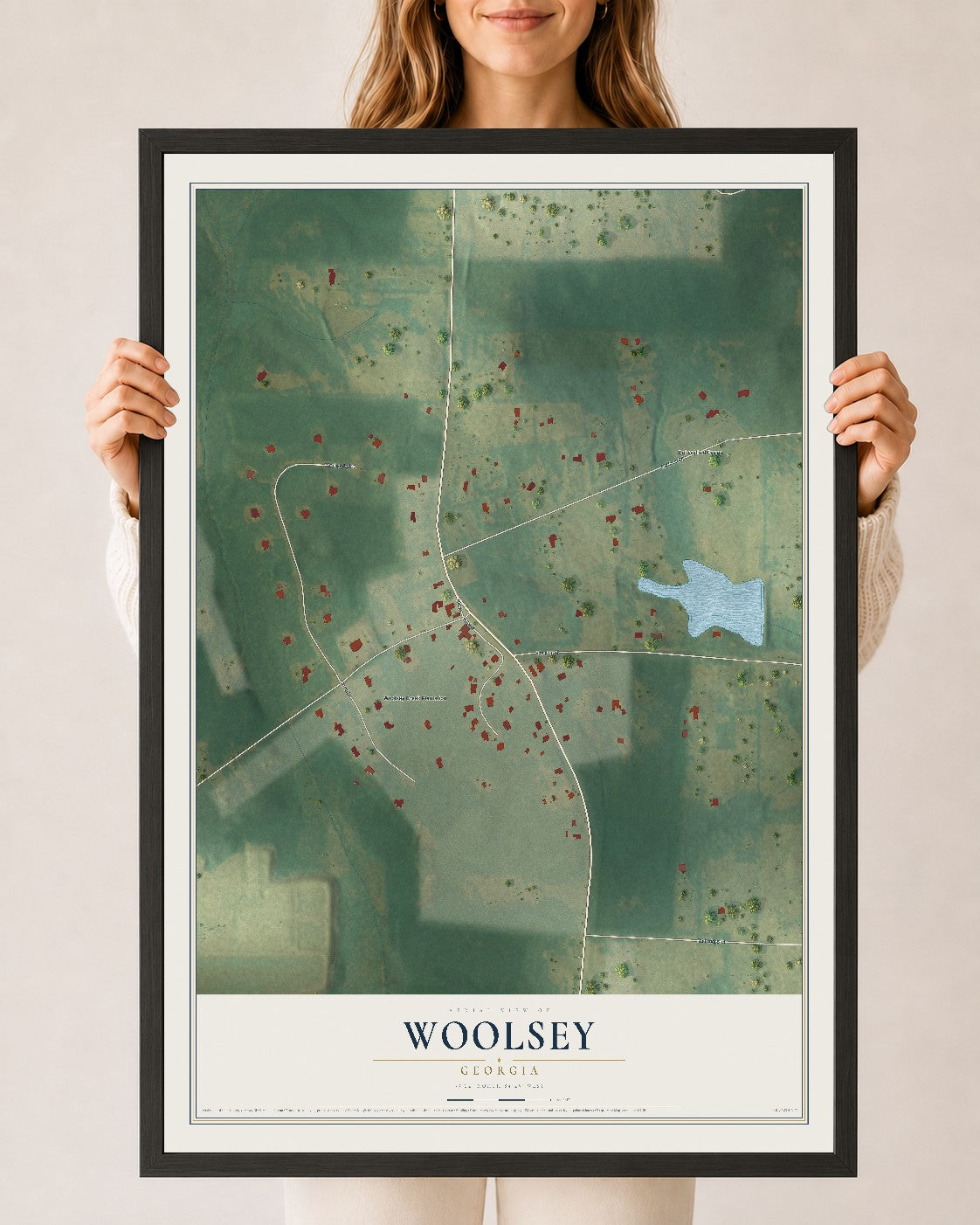 Woolsey, Georgia map print, 24" x 36" W/ Black Ayous Wood Frame mockup