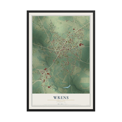 Wrens, Georgia map print, 12" x 18" W/ Black Ayous Wood Frame mockup