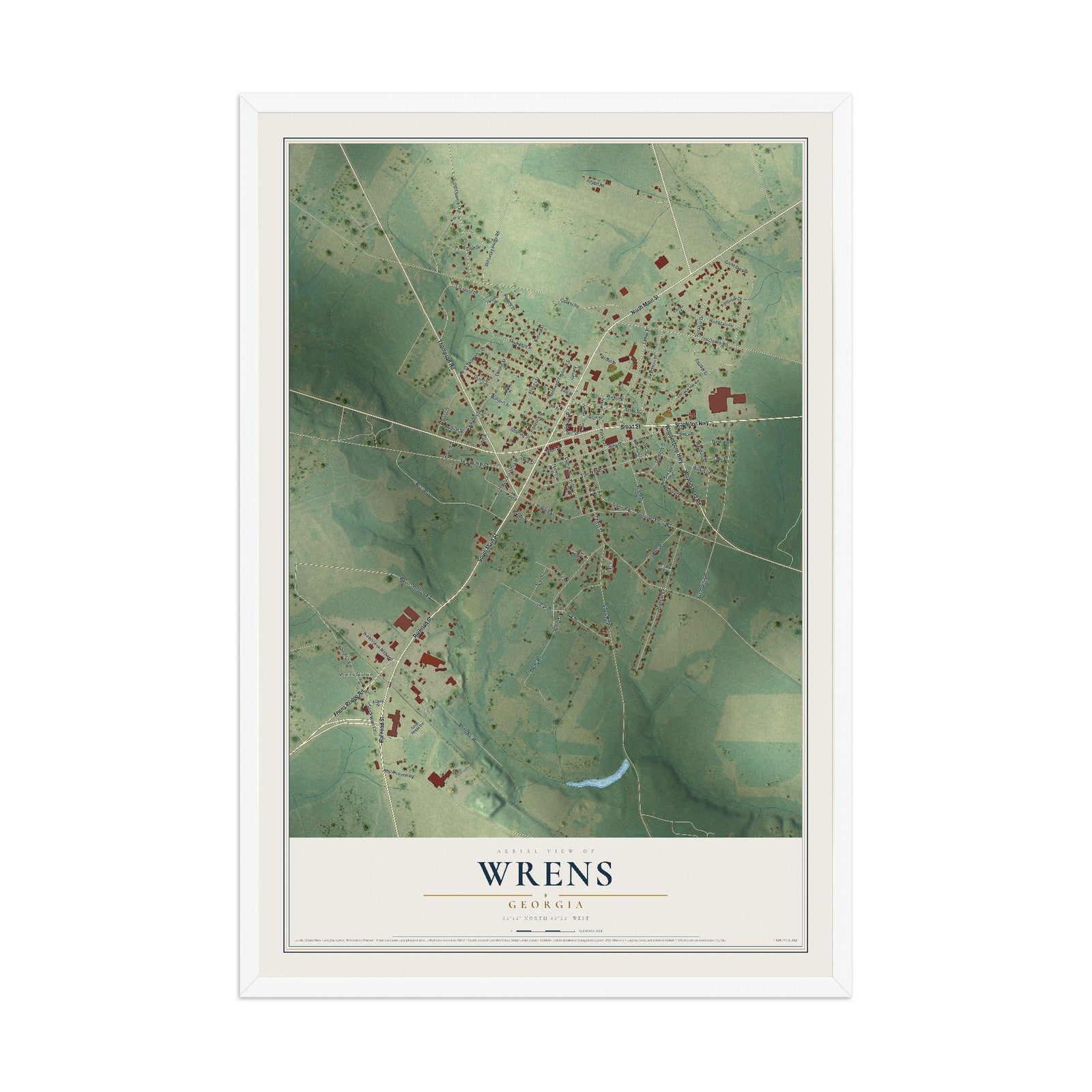 Wrens, Georgia map print, 12" x 18" W/ White Ayous Wood Frame mockup