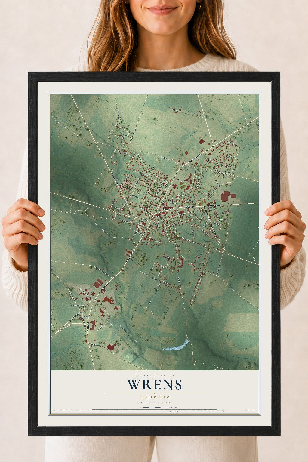 Wrens, Georgia map print, 18" x 24" W/ Black Ayous Wood Frame mockup