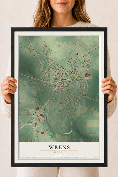 Wrens, Georgia map print, 18" x 24" W/ Black Ayous Wood Frame mockup