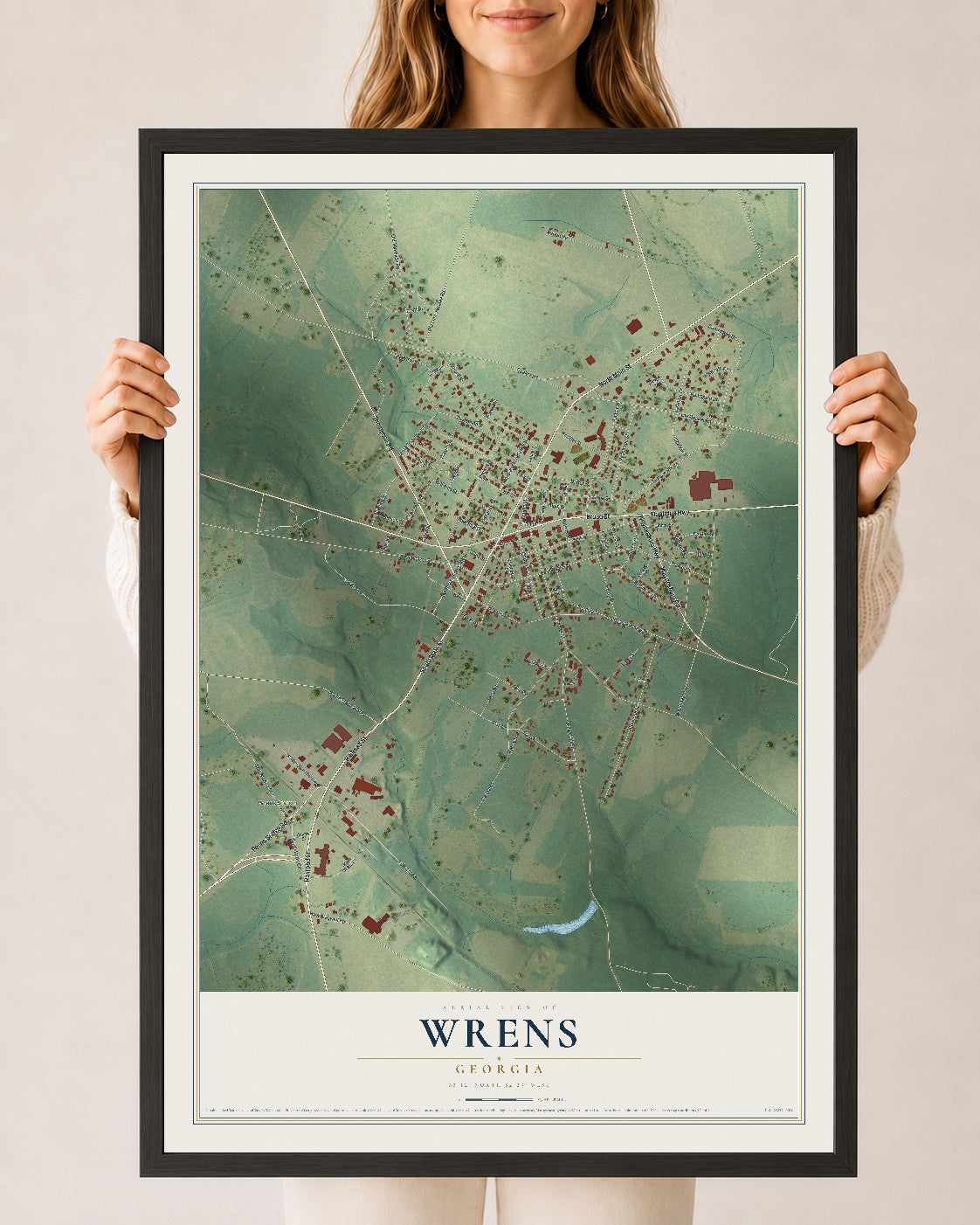 Wrens, Georgia map print, 24" x 36" W/ Black Ayous Wood Frame mockup