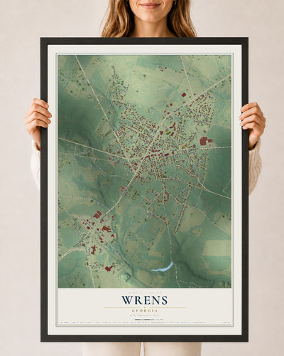 Wrens, Georgia map print, 24" x 36" W/ Black Ayous Wood Frame mockup