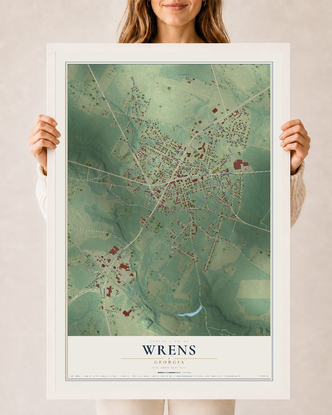 Wrens, Georgia map print, 24" x 36" W/ White Ayous Wood Frame mockup