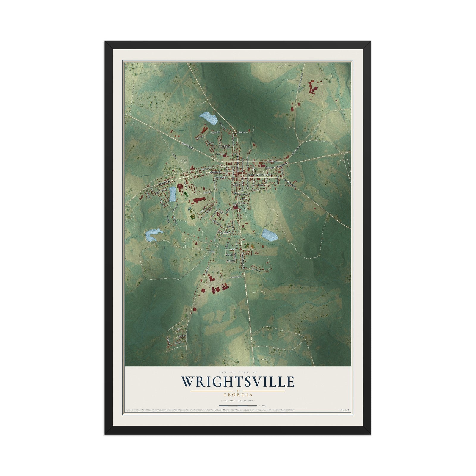 Wrightsville, Georgia map print, 12" x 18" W/ Black Ayous Wood Frame mockup