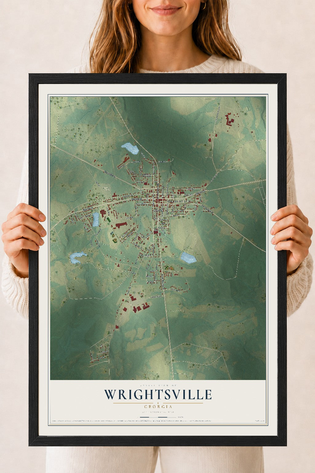 Wrightsville, Georgia map print, 18" x 24" W/ Black Ayous Wood Frame mockup