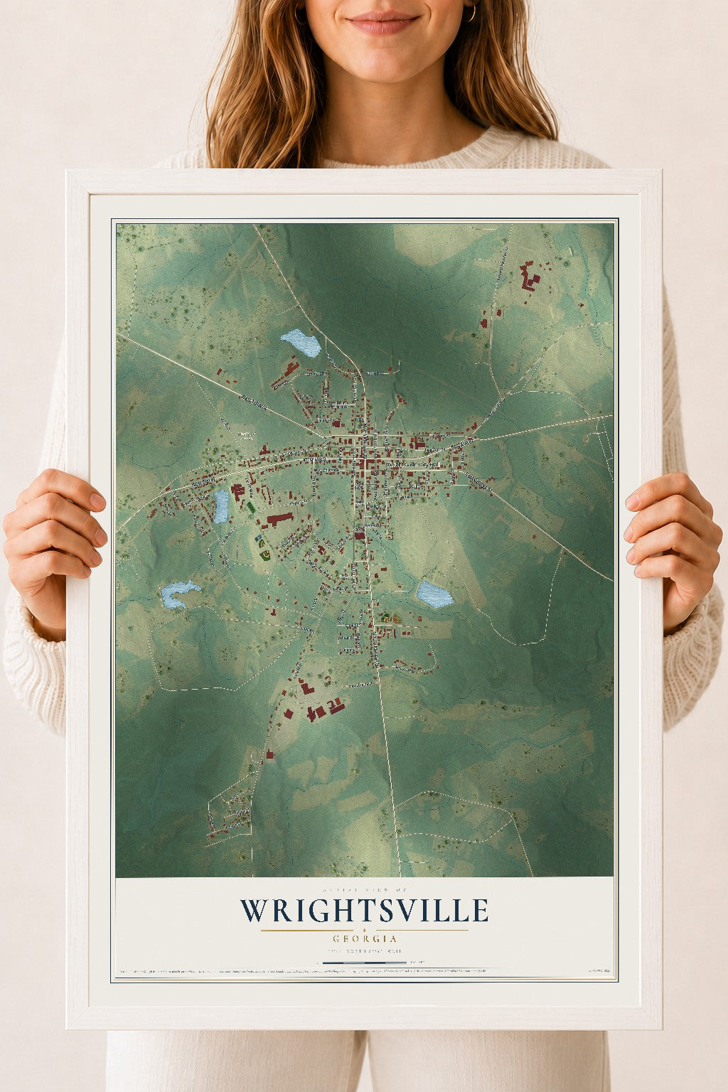 Wrightsville, Georgia map print, 18" x 24" W/ White Ayous Wood Frame mockup