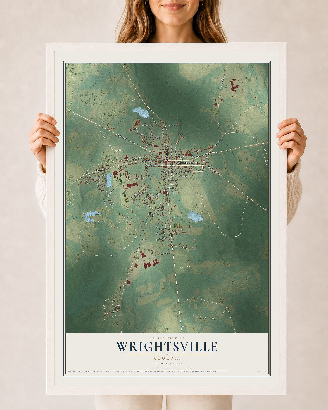 Wrightsville, Georgia map print, 24" x 36" W/ White Ayous Wood Frame mockup