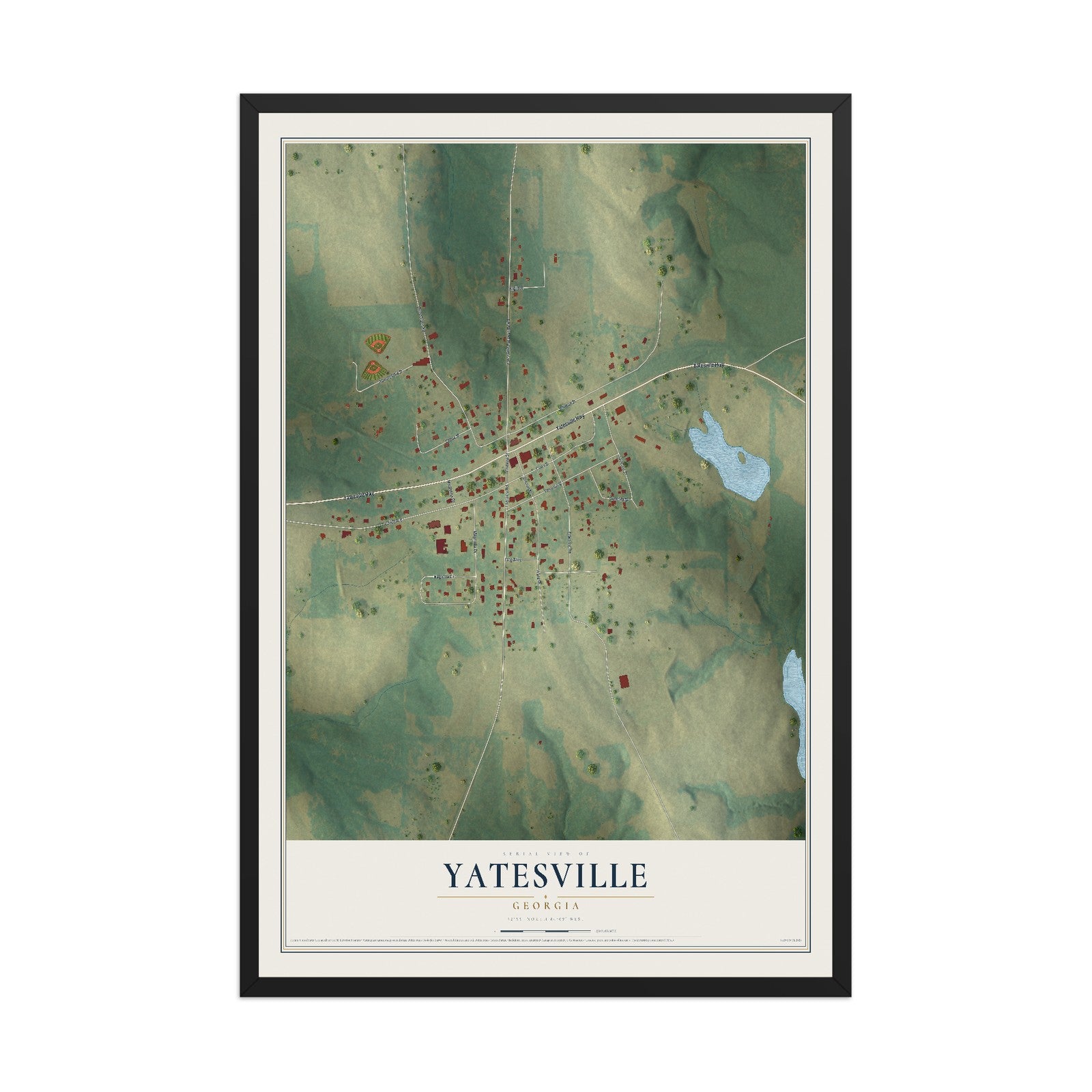 Yatesville, Georgia map print, 12" x 18" W/ Black Ayous Wood Frame mockup