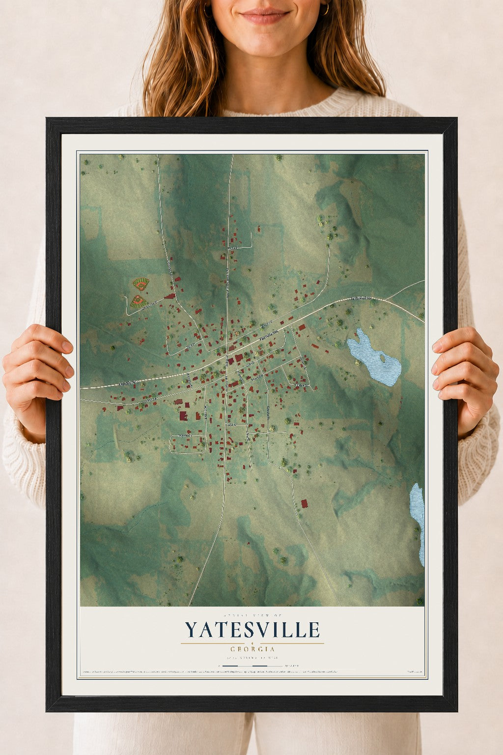 Yatesville, Georgia map print, 18" x 24" W/ Black Ayous Wood Frame mockup