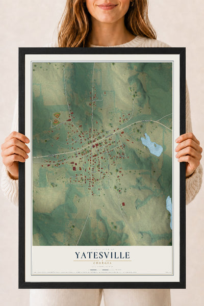 Yatesville, Georgia map print, 18" x 24" W/ Black Ayous Wood Frame mockup