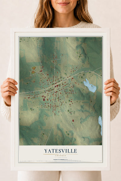 Yatesville, Georgia map print, 18" x 24" W/ White Ayous Wood Frame mockup