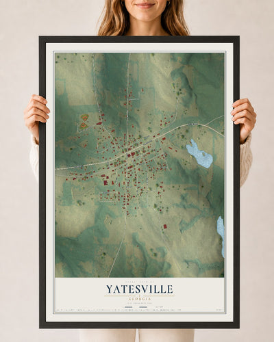 Yatesville, Georgia map print, 24" x 36" W/ Black Ayous Wood Frame mockup