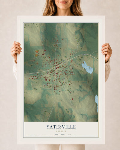 Yatesville, Georgia map print, 24" x 36" W/ White Ayous Wood Frame mockup