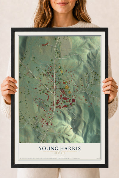 Young Harris, Georgia map print, 18" x 24" W/ Black Ayous Wood Frame mockup