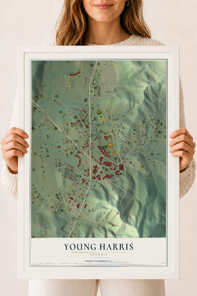 Young Harris, Georgia map print, 18" x 24" W/ White Ayous Wood Frame mockup