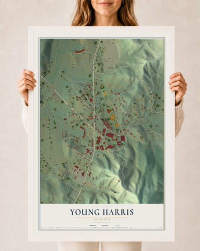 Young Harris, Georgia map print, 24" x 36" W/ White Ayous Wood Frame mockup