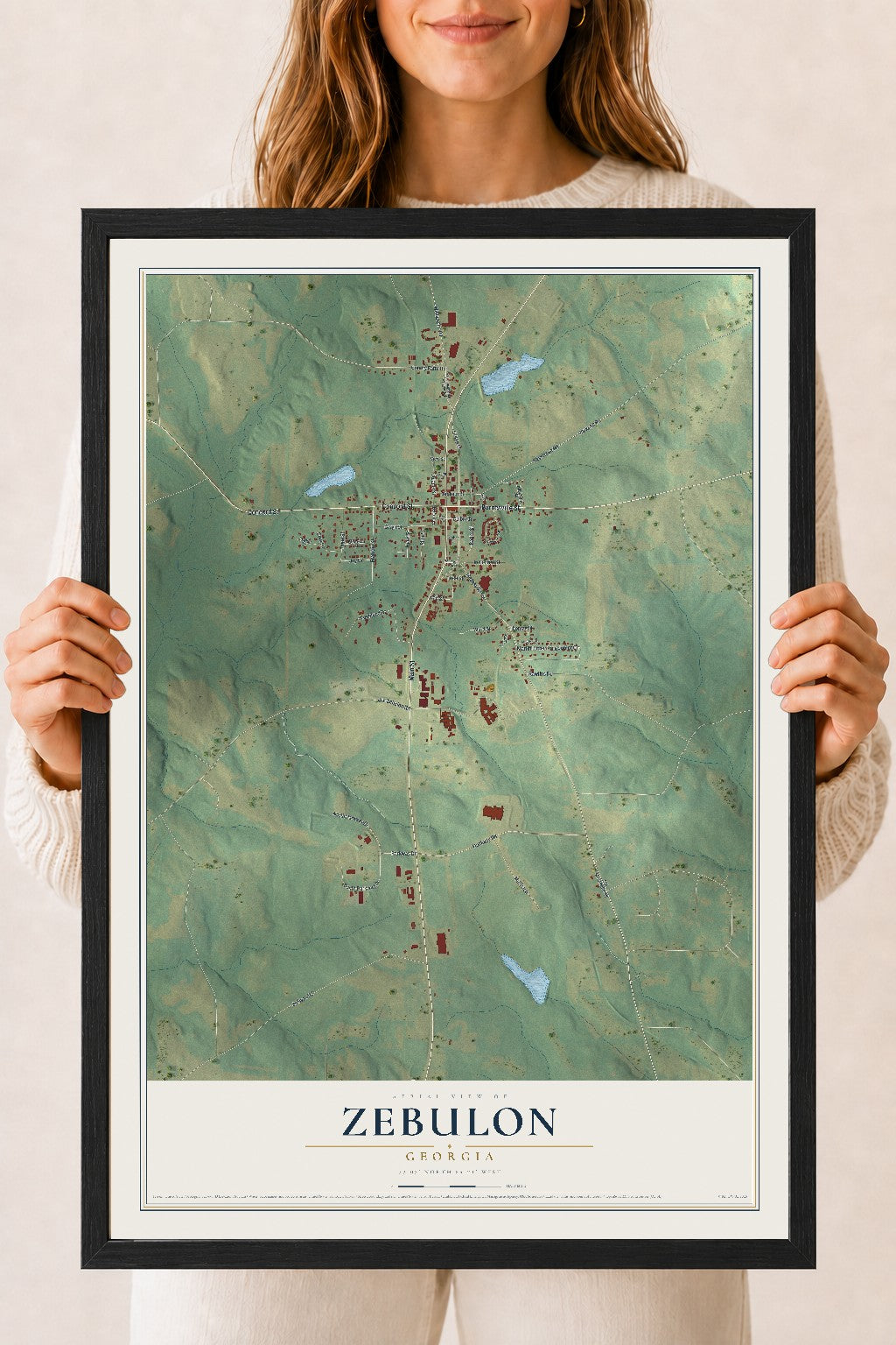 Zebulon, Georgia map print, 18" x 24" W/ Black Ayous Wood Frame mockup