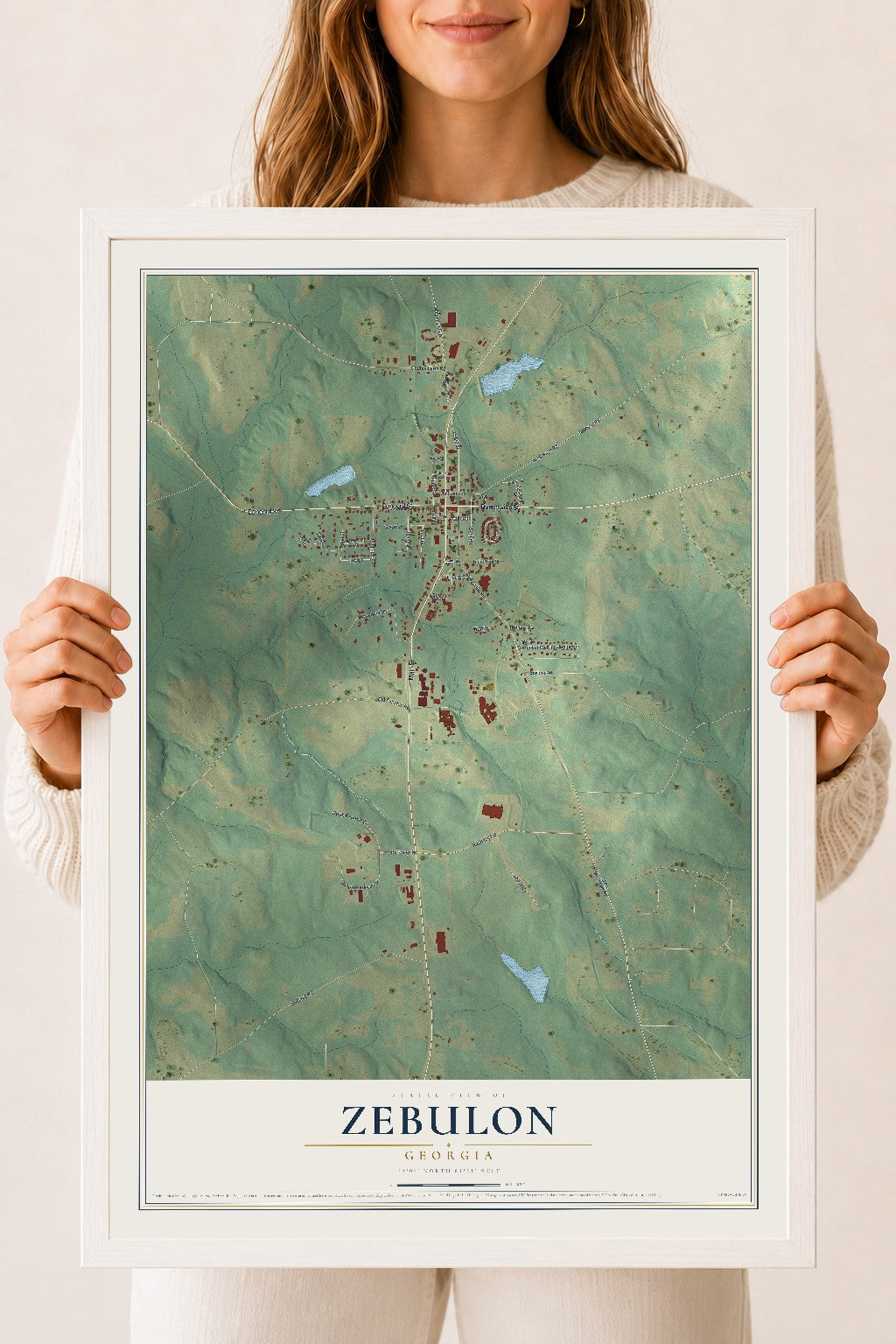 Zebulon, Georgia map print, 18" x 24" W/ White Ayous Wood Frame mockup