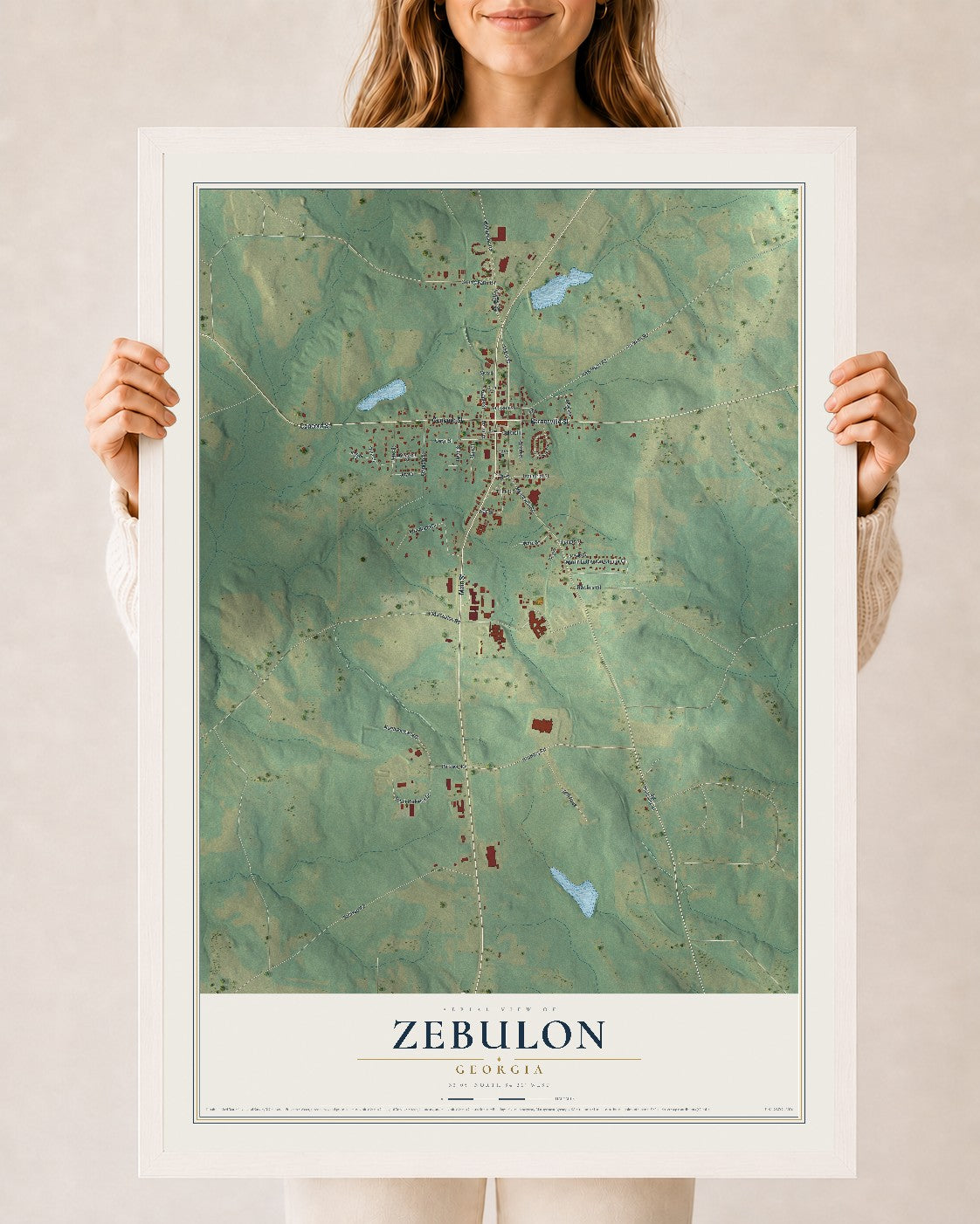 Zebulon, Georgia map print, 24" x 36" W/ White Ayous Wood Frame mockup