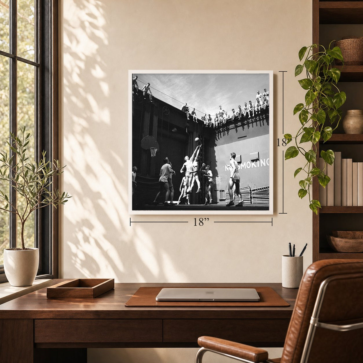 Gerald Ford Goes Up for the Tip-Off, 1944, 18 x 18 inch vintage photo print in a white frame in a home office