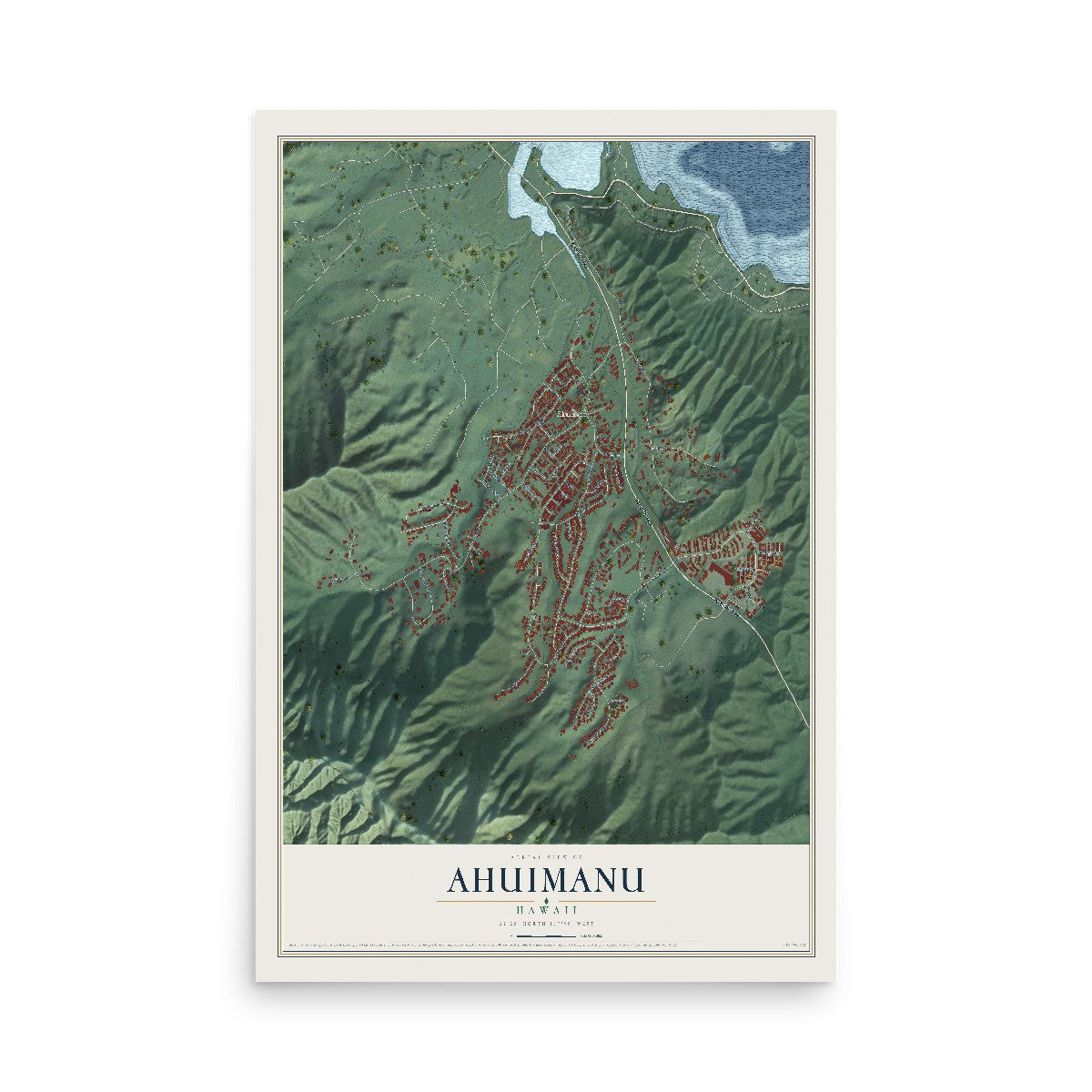 Map of Ahuimanu, Hawaii, 12 x 18 inch unframed archival matte print