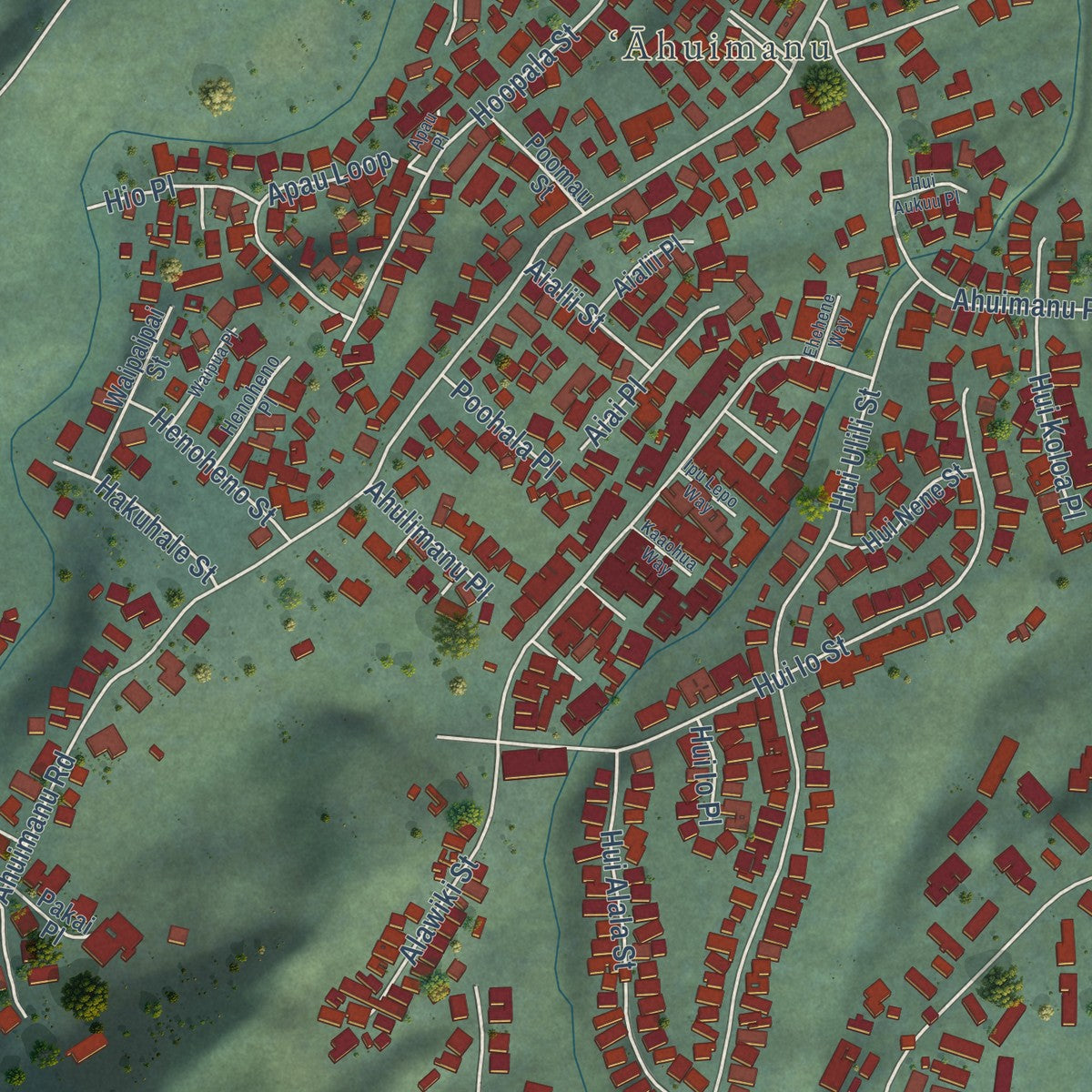 Second close-up of the map of Ahuimanu, Hawaii print showing more streets and buildings