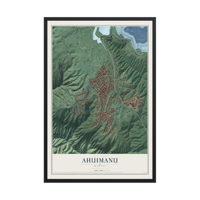 Map of Ahuimanu, Hawaii, 12 x 18 inch print in a black wood frame