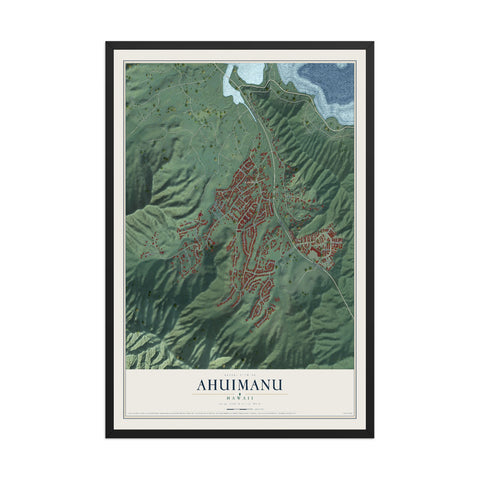 Map of Ahuimanu, Hawaii, 12 x 18 inch print in a black wood frame
