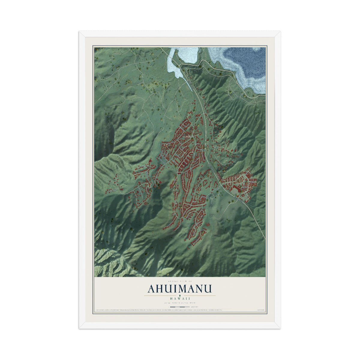 Map of Ahuimanu, Hawaii, 12 x 18 inch print in a white wood frame