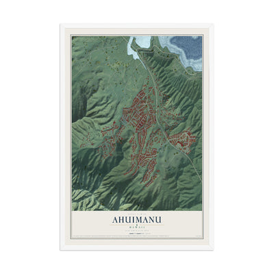 Map of Ahuimanu, Hawaii, 12 x 18 inch print in a white wood frame