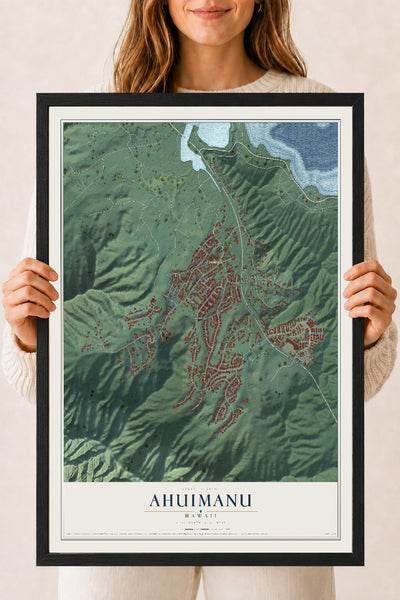 Map of Ahuimanu, Hawaii, 18 x 24 inch print in a black wood frame